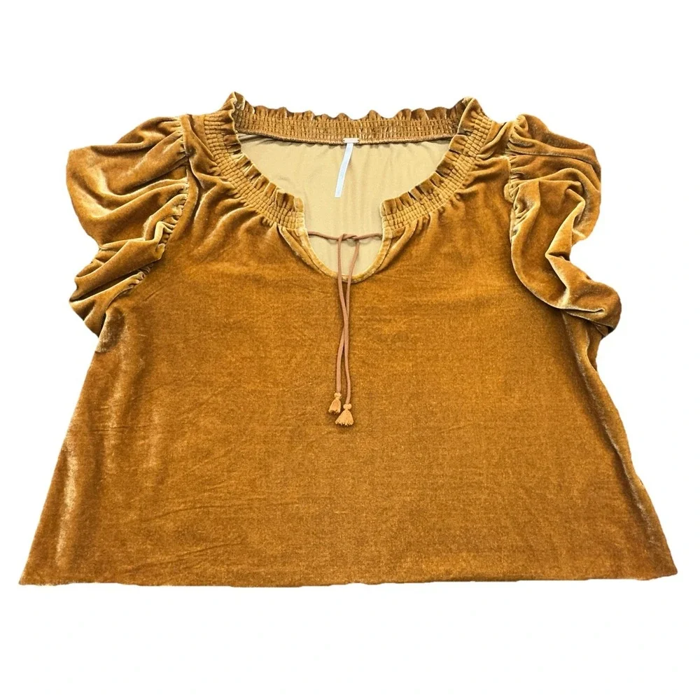 Free People XS Mustard Velvet Puff Sleeve Boho Top Ruched Neck Tie Front Stretch